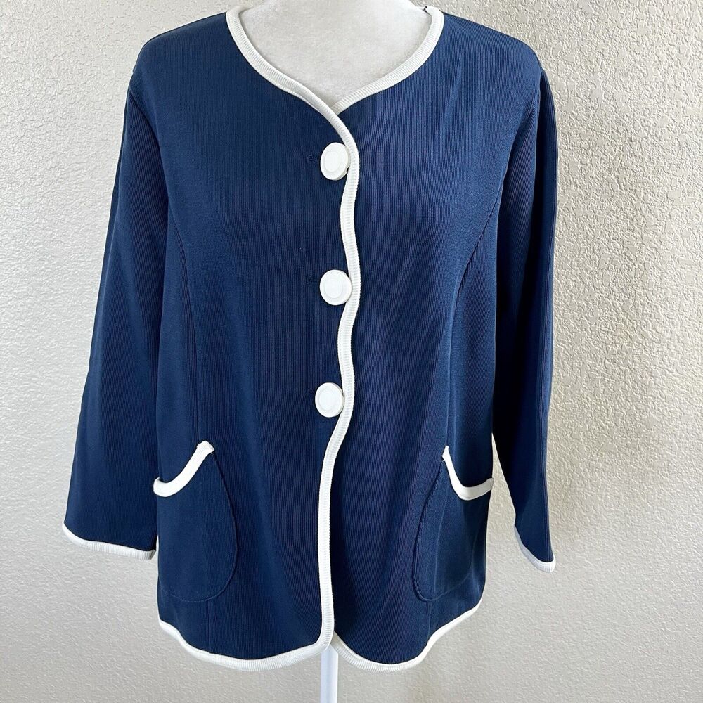 NWT Bob Mackie Wearable Art Navy Blue White Trim Cardigan Sweater Jacket Sz Lrg